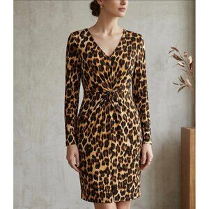 Jennifer Lopez Leopard Print Long-Sleeve V-Neck Twist-Front Dress size L Womens